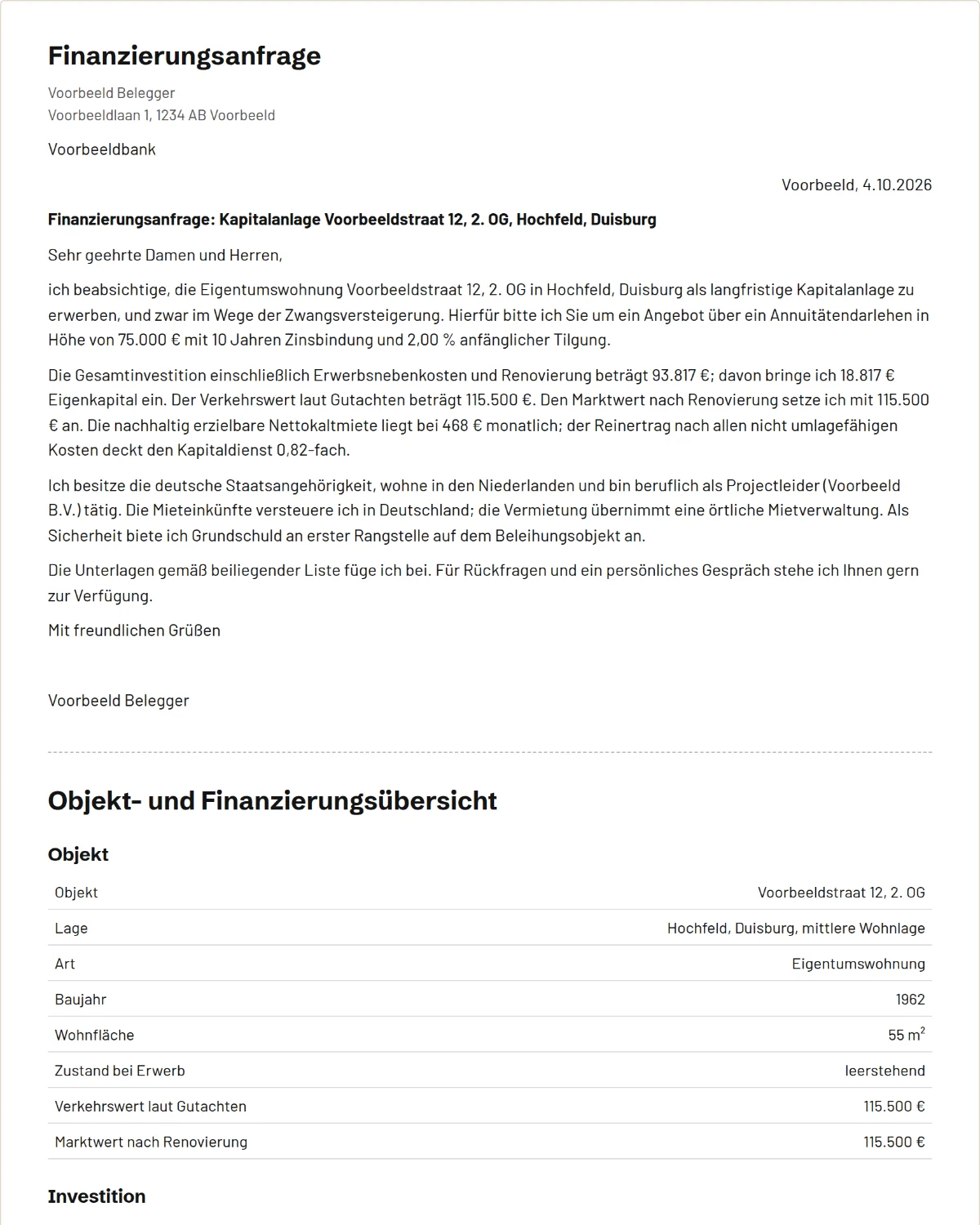 De eerste pagina van een Finanzierungsanfrage in het Duits, gemaakt door Olonto voor een voorbeeldwoning.