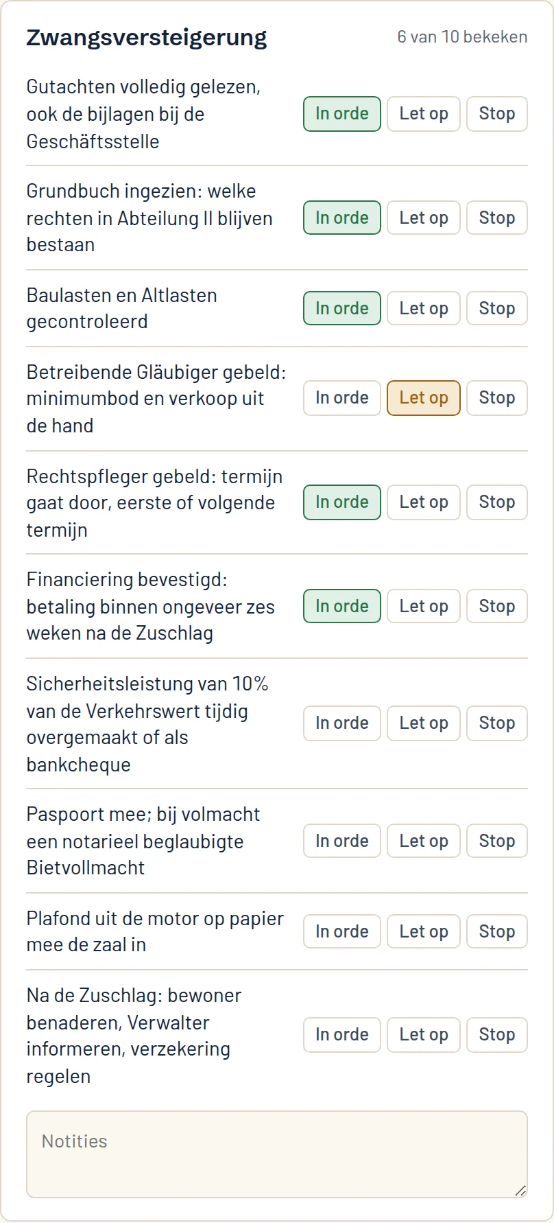 De checklist voor een Zwangsversteigerung met punten die in orde zijn en een punt om op te letten.