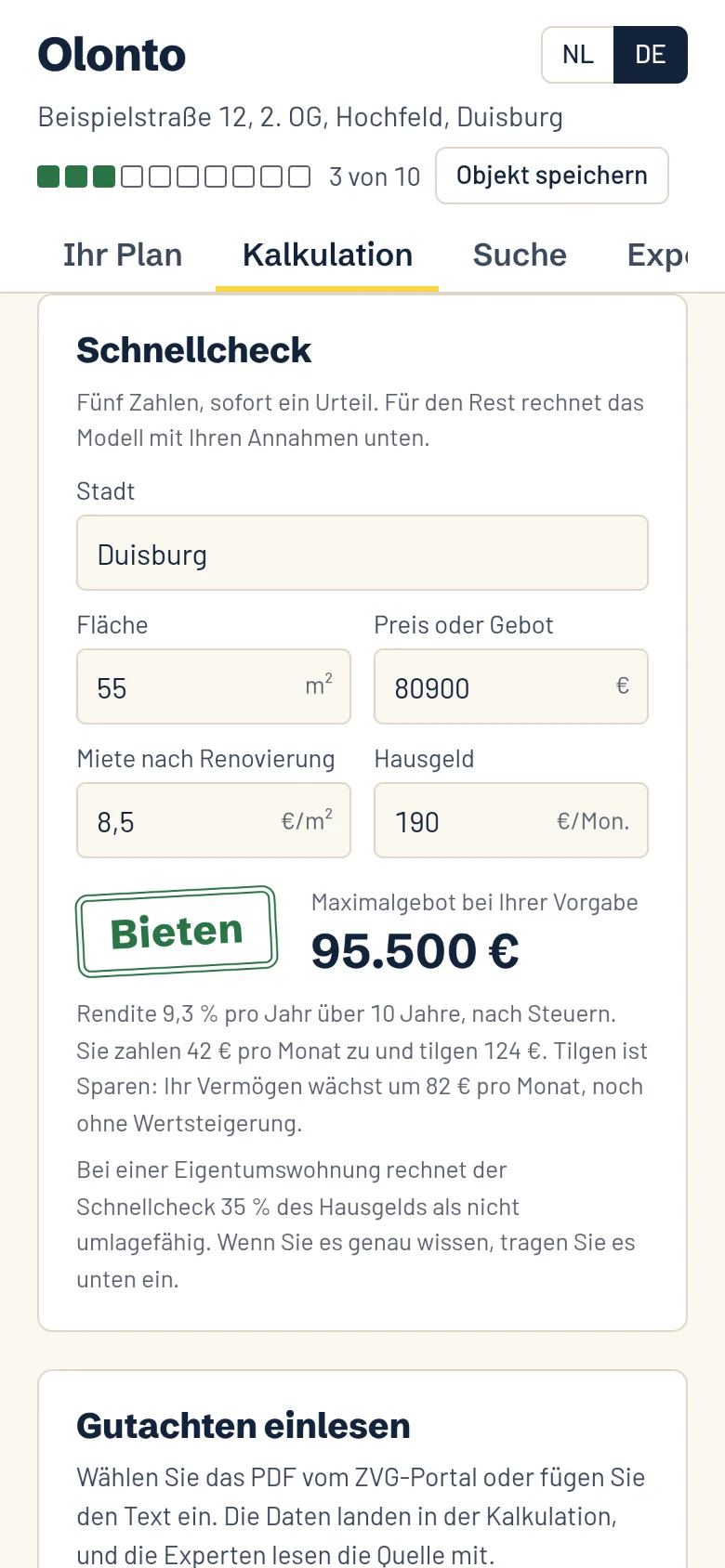 Der Schnellcheck auf dem Telefon, mit dem Stempel Bieten, einem Maximalgebot von 95.500 Euro und 9,3 % Rendite pro Jahr über zehn Jahre.