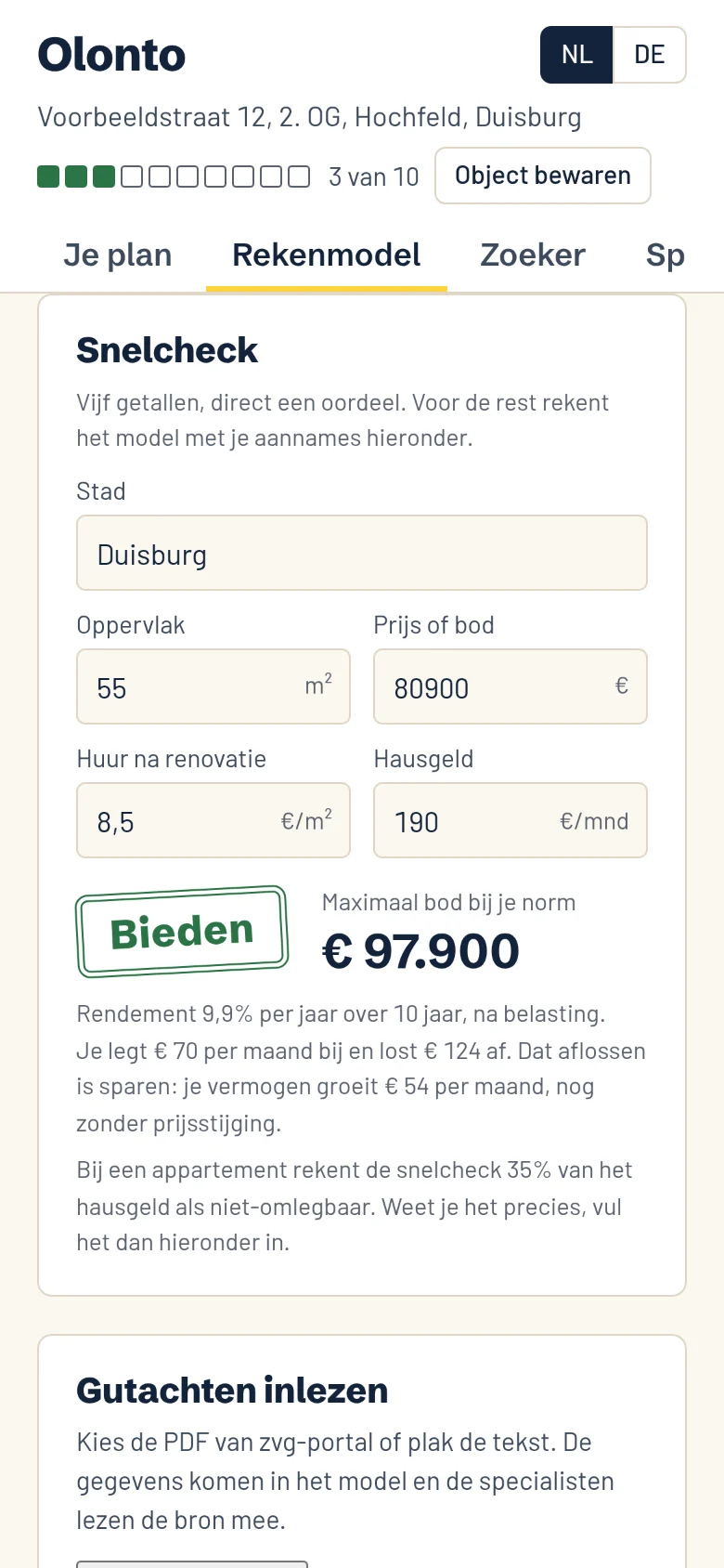 De snelcheck op een telefoon, met de stempel Bieden, een maximaal bod van 97.900 euro en 9,9% rendement per jaar over tien jaar.